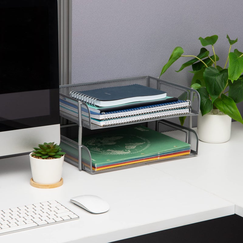Mind Reader Stackable Paper Tray, Desktop Organizer, File Storage, Office, Metal Mesh, 13.5" L x 10" W x 7.25" H, 2 Pcs., Silver - Image 2
